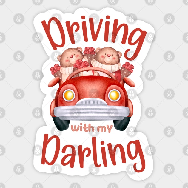 Driving with My Darling - Cute Bear Valentines Couples Red Sticker by Enriched by Art